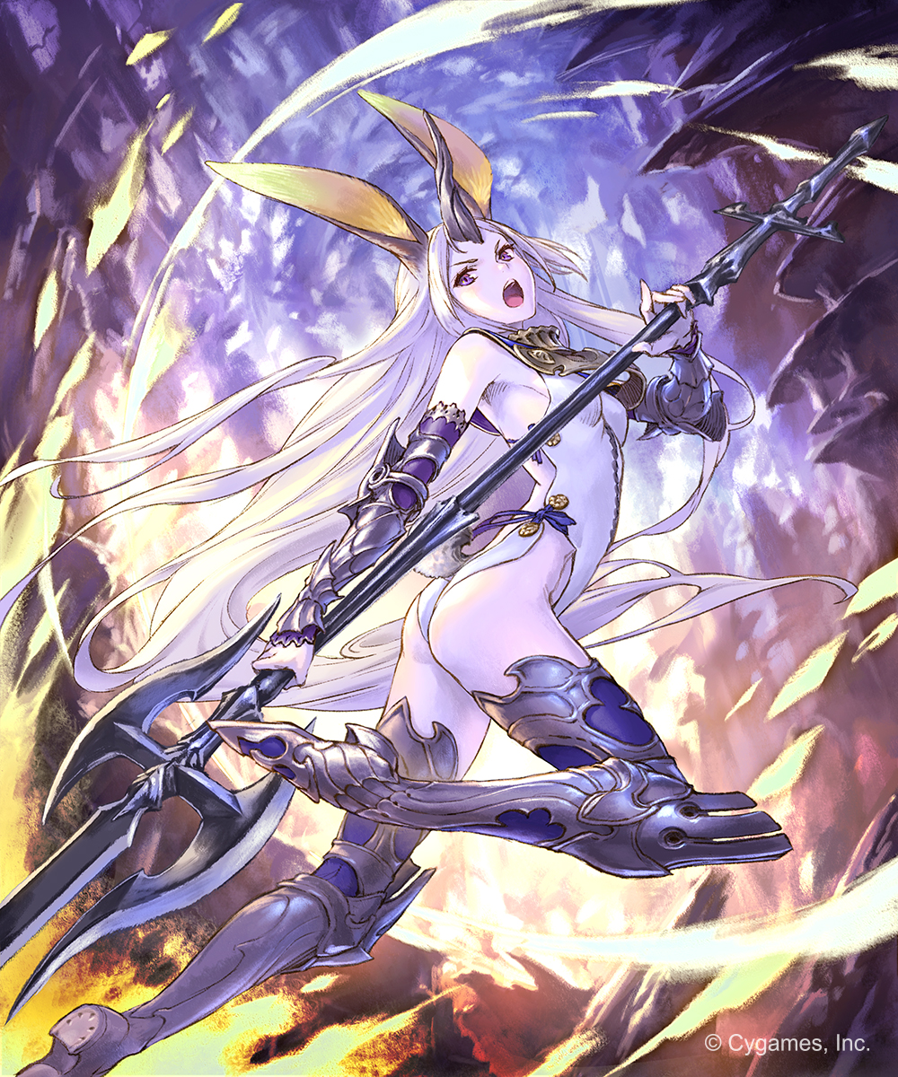 1girl animal_ears armor ass breasts character_request commentary_request fantasy flat_ass full_body gauntlets greaves highres hisakata_souji holding holding_weapon horn leotard long_hair open_mouth polearm rabbit_ears shingeki_no_bahamut silver_hair small_breasts solo thigh-highs very_long_hair violet_eyes weapon