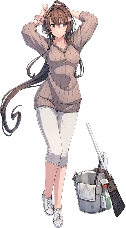 1girl alternate_costume bottle breasts broom brown_eyes brown_hair brown_sweater bucket closed_mouth collarbone flower full_body hair_flower hair_intakes hair_ornament kantai_collection large_breasts long_hair long_sleeves looking_at_viewer mop official_art pants ponytail ribbed_sweater shizuma_yoshinori shoes sidelocks simple_background smile solo spray_bottle sweater towel transparent_background very_long_hair white_background white_footwear white_pants yamato_(kantai_collection)
