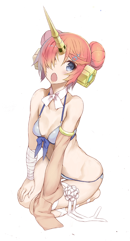 1girl bandage bandaged_arm bandaged_leg bangs barefoot bikini blue_bikini blue_eyes blush bow_bikini breasts cleavage detached_sleeve double_bun eyebrows_visible_through_hair fate/grand_order fate_(series) frankenstein's_monster_(fate) frankenstein's_monster_(swimsuit_saber)_(fate) front-tie_bikini front-tie_top goekawa hair_ornament hair_over_one_eye hairclip horn kneeling medium_breasts navel open_mouth pink_hair seiza short_hair simple_background sitting solo swimsuit white_background