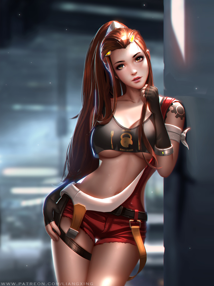 1girl against_wall arm_tattoo asymmetrical_clothes belt blurry breasts brigitte_(overwatch) brown_eyes brown_hair cleavage crop_top depth_of_field fingerless_gloves gloves hair_ornament hand_on_hip leaning liang_xing looking_at_viewer medium_breasts navel overall_shorts overalls overwatch parted_lips ponytail solo stomach suspenders tattoo under_boob