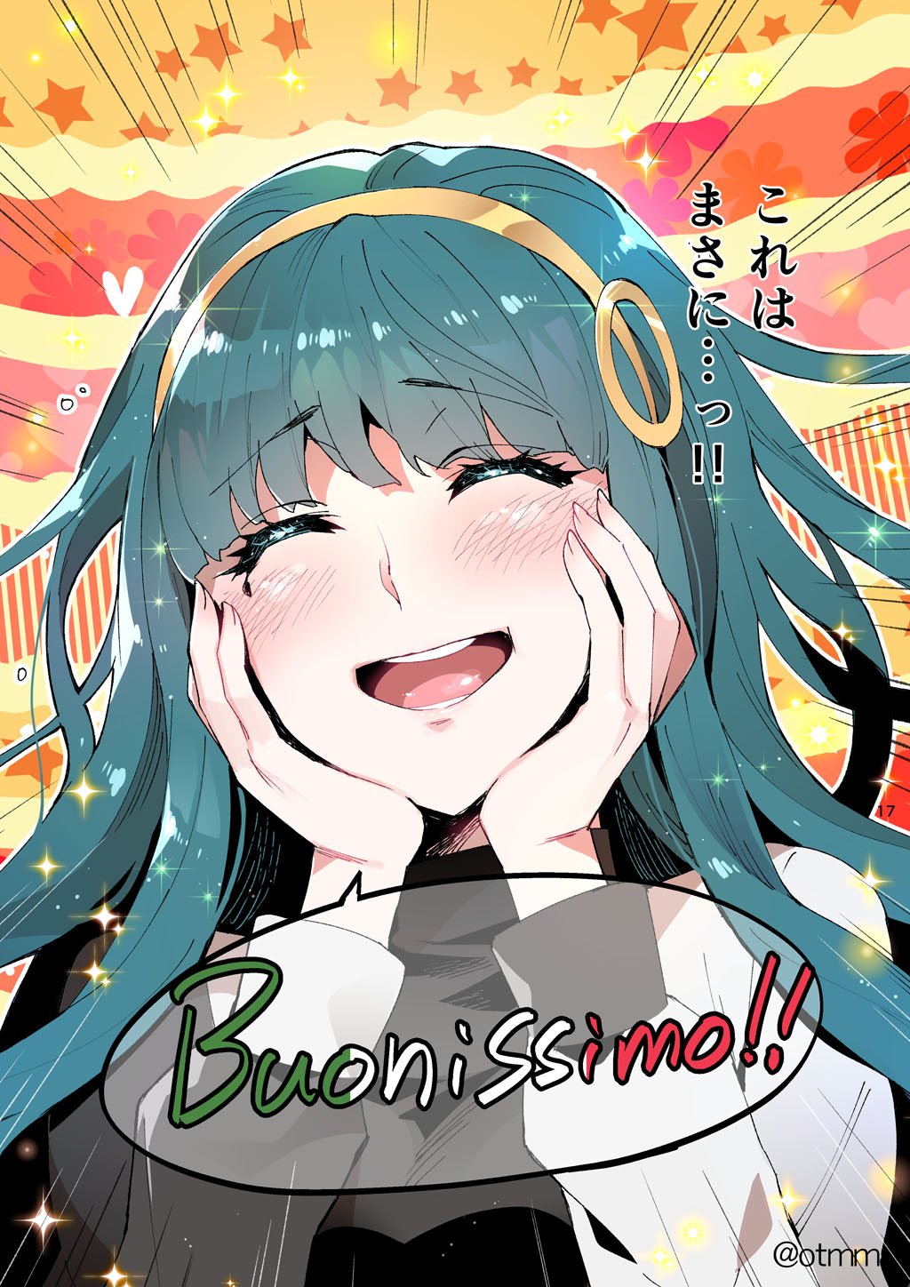 1girl blue_hair blush cleopatra_(fate/grand_order) close-up comic fate/grand_order fate_(series) hairband hands_on_own_cheeks hands_on_own_face heart highres italian long_sleeves open_mouth redrop smile solo sparkle translation_request twitter_username