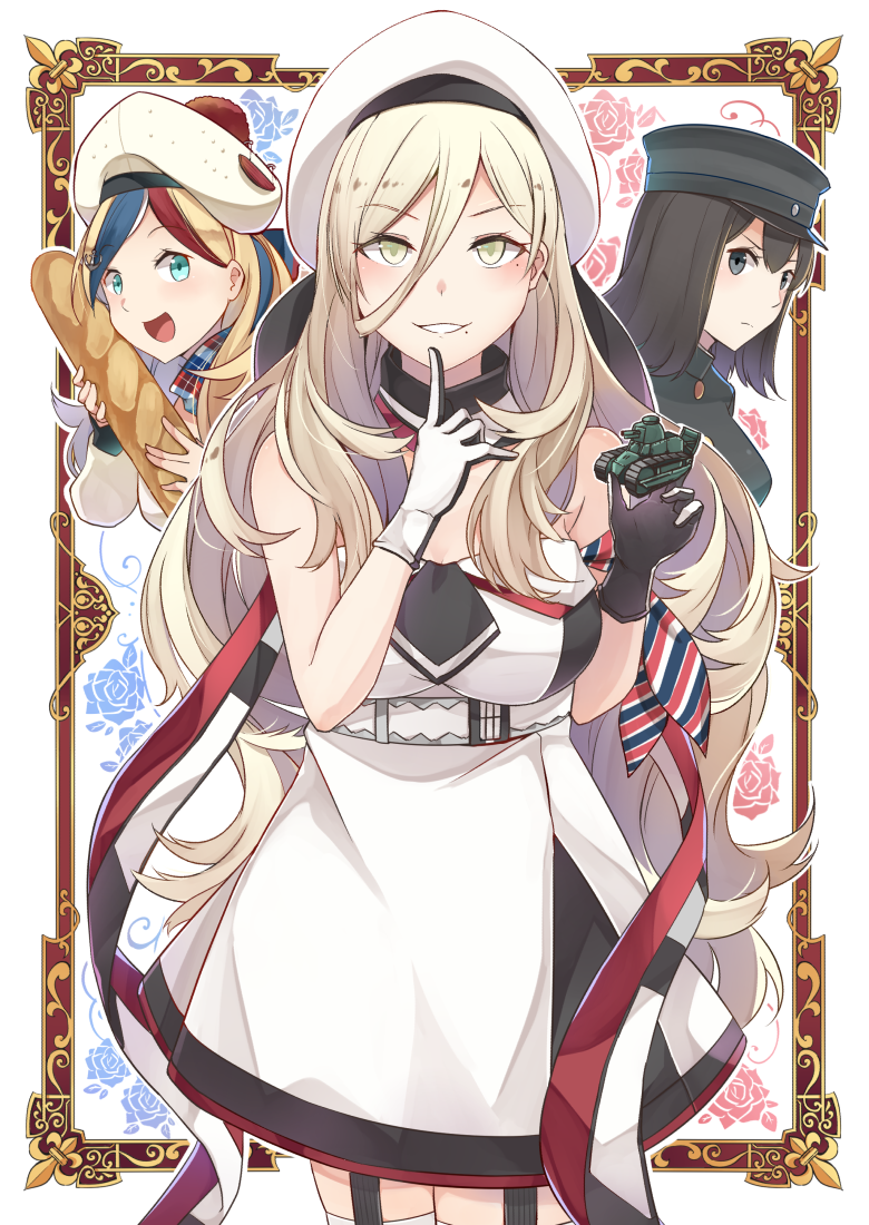 3girls akitsu_maru_(kantai_collection) armband baguette beret black_eyes black_hair blonde_hair blue_eyes blue_hair border bread breasts commandant_teste_(kantai_collection) commentary_request finger_to_mouth fleur_de_lis food ft-17 garter_straps gloves green_eyes ground_vehicle hair_between_eyes hat ido_(teketeke) jacket kantai_collection large_breasts long_hair long_sleeves military military_vehicle mole mole_under_mouth motor_vehicle multicolored_hair multiple_girls open_mouth peaked_cap pom_pom_(clothes) redhead renault_ft richelieu_(kantai_collection) scarf seductive_smile short_hair sleeveless smile streaked_hair tank thigh-highs white_hair white_hat yellow_eyes