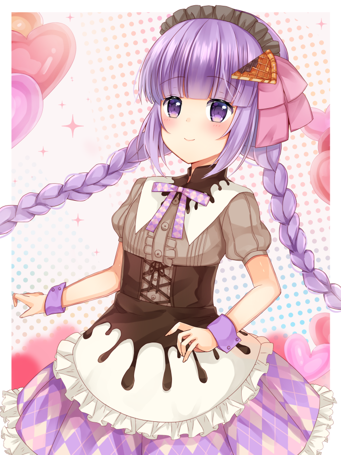 1girl apron bow braid commentary_request corset hair_bow hair_ornament hair_ribbon long_hair looking_at_viewer maid maid_apron maid_headdress purple_hair ribbon shikino_(sikinonono) simple_background smile solo sophie_(tales) tales_of_(series) tales_of_graces twin_braids twintails violet_eyes