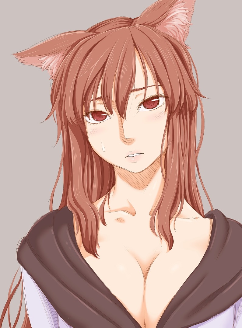 1girl animal_ears arms_at_sides bangs blush breasts brooch brown_hair cleavage ears_down grey_background hair_between_eyes head_tilt imaizumi_kagerou jewelry large_breasts lips long_hair looking_at_viewer parted_lips poronegi red_eyes simple_background solo sweatdrop touhou upper_body wolf_ears