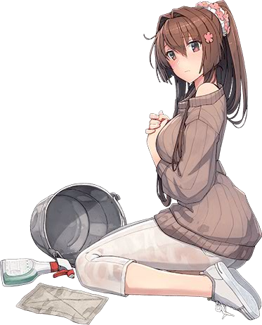 1girl alternate_costume bottle breasts brown_eyes brown_hair brown_sweater bucket flower from_side full_body hair_flower hair_intakes hair_ornament kantai_collection kneeling large_breasts long_hair long_sleeves looking_at_viewer lowres off_shoulder official_art pants ribbed_sweater shizuma_yoshinori sidelocks simple_background solo spray_bottle sweater transparent_background very_long_hair white_background white_footwear white_pants yamato_(kantai_collection)