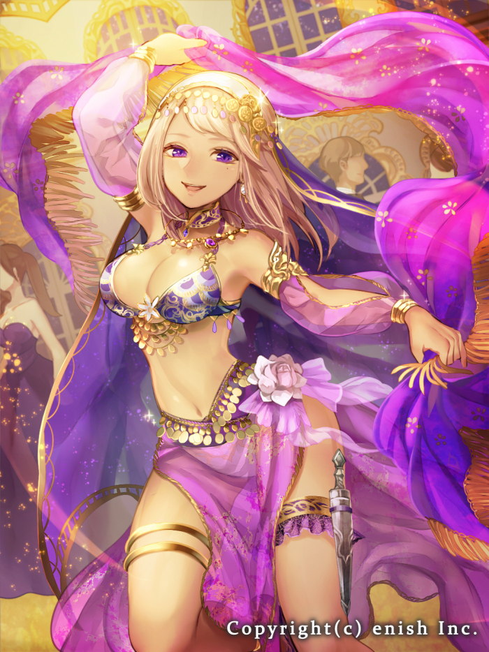 1girl armlet belly_chain blonde_hair bracelet breasts company_name dragon_tactics jewelry long_hair looking_at_viewer medium_breasts mole mole_under_eye natsuiro_xx navel official_art open_mouth original see-through smile solo thigh_strap violet_eyes