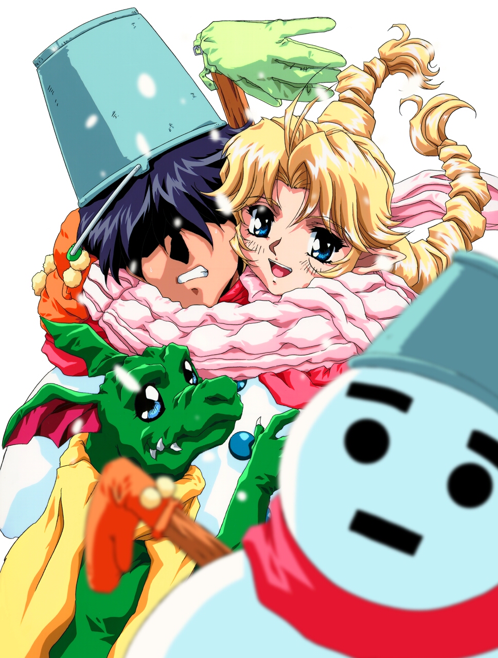 1boy 1girl 90s arima_takuya blonde_hair blue_eyes blurry bucket bucket_on_head depth_of_field dragon grin highres hug kono_yo_no_hate_de_koi_wo_utau_shoujo_yu-no long_hair long_sleeves looking_at_viewer mittens nagaoka_yasuchika object_on_head official_art open_mouth shaded_face simple_background smile snowing snowman twintails white_background yu-no