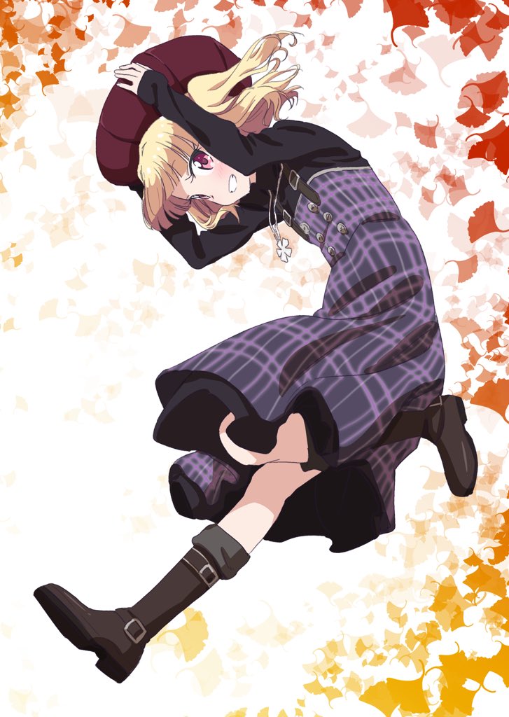 1girl arms_up black_shirt blonde_hair boots brown_footwear floating_hair grin hands_on_headwear hat high-waist_skirt iijima_yun jewelry long_hair necklace new_game! pink_x red_eyes red_hat shirt skirt smile solo suspender_skirt suspenders