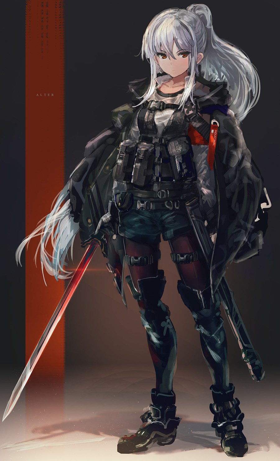 1girl black_footwear black_legwear brown_legwear bulletproof_vest closed_mouth contrapposto glint grey_hair hair_between_eyes highres holding holding_sword holding_weapon inabi long_hair long_sleeves original pantyhose ponytail red_eyes scabbard sheath shoes short_shorts shorts solo standing sword thigh-highs unsheathed weapon