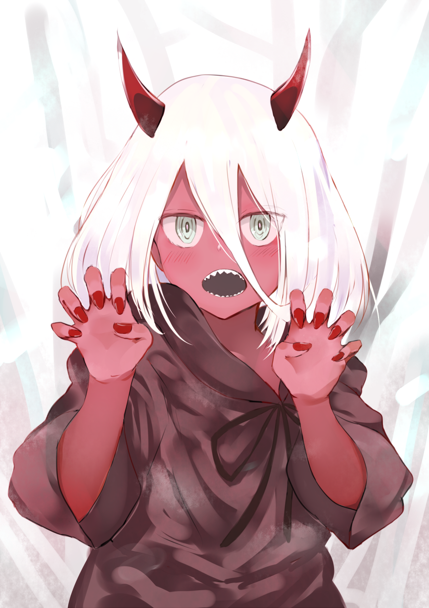 1girl bangs black_ribbon black_robe blush breath claw_pose commentary darling_in_the_franxx grey_eyes hair_between_eyes hands_up highres hood hood_down hooded_robe horns long_hair long_sleeves looking_at_viewer open_mouth red_skirt ribbon robe sharp_teeth silver_hair skirt solo spoilers teeth upper_body wakutsu zero_two_(darling_in_the_franxx)