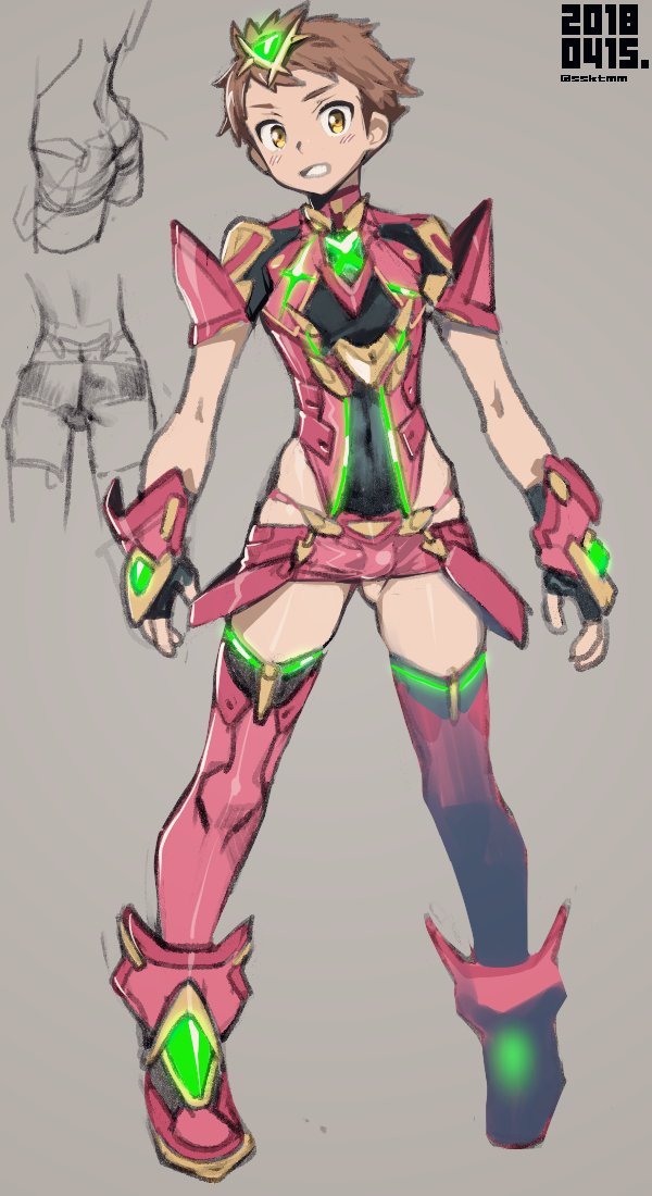 1boy adapted_costume black_gloves boots brown_hair bulge cosplay crossdressinging dated fingerless_gloves fujimoto_hideaki full_body gloves grey_background headpiece pyra_(xenoblade) pyra_(xenoblade)_(cosplay) looking_at_viewer male_focus miniskirt neon_trim rex_(xenoblade_2) shorts simple_background skirt solo thigh-highs twitter_username xenoblade_(series) xenoblade_2 yellow_eyes