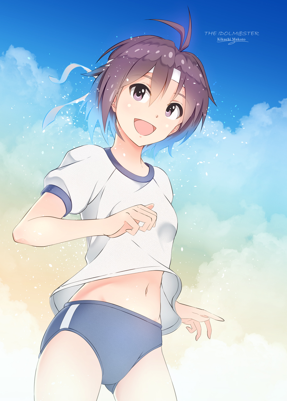 1girl :d antenna_hair bangs blue_buruma blush breasts buruma character_name clouds cloudy_sky copyright_name cowboy_shot day eyebrows_visible_through_hair gluteal_fold gym_shirt gym_uniform hair_between_eyes headband highres idolmaster idolmaster_(classic) kikuchi_makoto light_particles looking_at_viewer navel ns.x open_mouth puffy_short_sleeves puffy_sleeves shiny shiny_hair shirt short_hair short_sleeves sky small_breasts smile solo standing tareme white_shirt