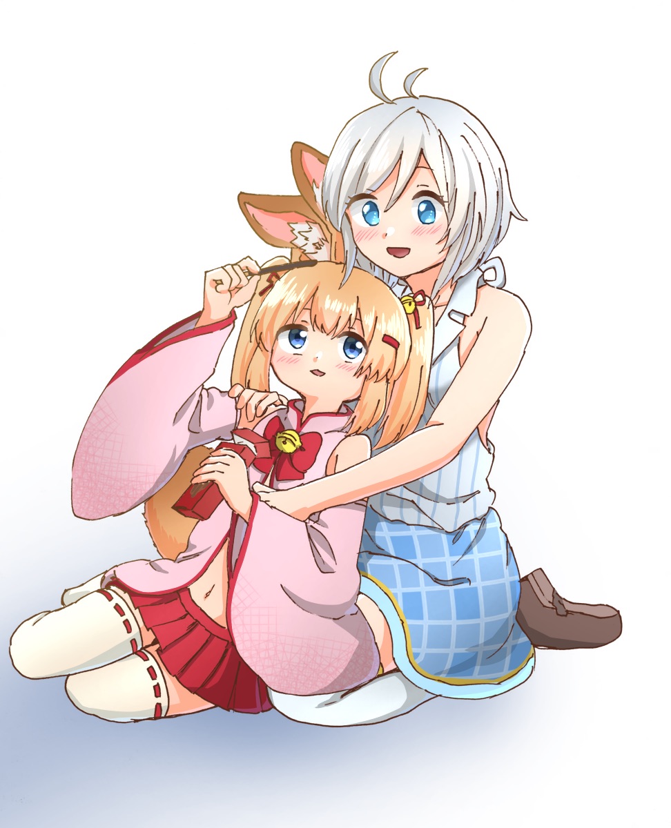 2girls :d animal_ears antenna_hair argyle argyle_skirt bangs bare_arms bare_shoulders bell blue_eyes blue_skirt blush bow crossover dennou_shoujo_youtuber_shiro detached_sleeves eyelashes food fox_ears fox_tail hair_bell hair_between_eyes hair_ornament hair_ribbon hairclip hand_up highres holding jingle_bell kemomimi_vr_channel long_hair long_sleeves looking_at_another mikoko_(kemomimi_vr_channel) miniskirt multiple_girls navel open_mouth orange_hair outsuchi pink_shirt pleated_skirt pocky red_bow red_ribbon red_skirt ribbon ribbon-trimmed_clothes ribbon-trimmed_legwear ribbon_trim shiro_(dennou_shoujo_youtuber_shiro) shirt shoes short_hair sidelocks silver_hair sitting skirt sleeveless sleeveless_shirt smile stomach striped striped_shirt tail thigh-highs twintails vertical-striped_shirt vertical_stripes virtual_youtuber wariza white_legwear wide_sleeves zettai_ryouiki
