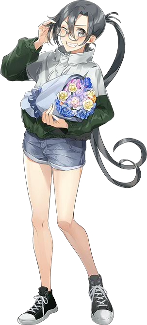 1girl alternate_costume amagiri_(kantai_collection) bangs drew_(drew213g) flower glasses grey_eyes grey_hair hair_between_eyes jacket kantai_collection long_hair looking_at_viewer open_mouth ponytail shorts smile solo very_long_hair