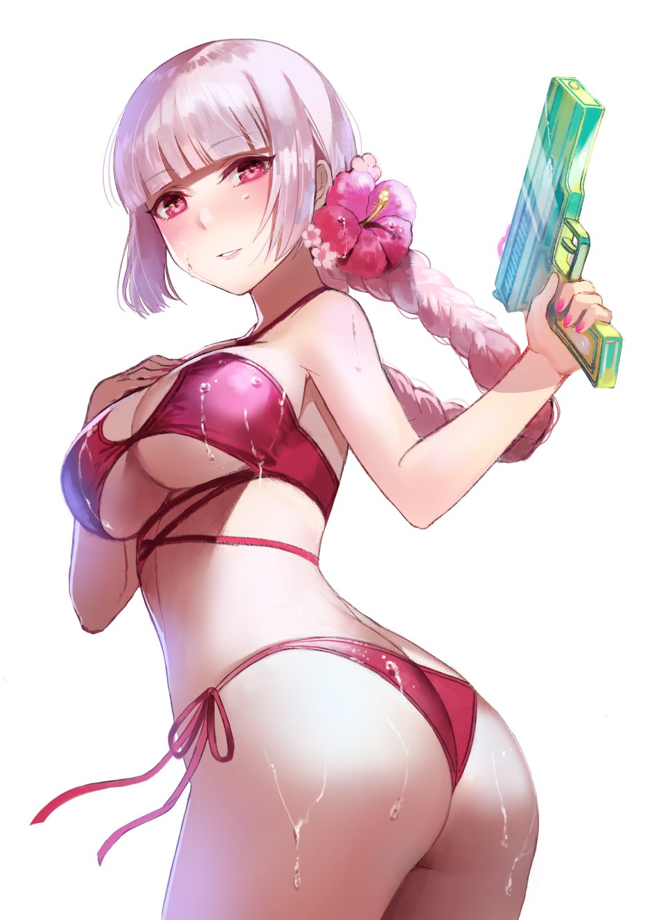 1girl ass bangs bare_shoulders blunt_bangs braid breasts cleavage commentary fate/grand_order fate_(series) fingernails florence_nightingale_(fate/grand_order) flower from_side hair_flower hair_ornament hand_on_own_chest hibiscus highres large_breasts lips long_hair looking_at_viewer nail_polish parted_lips pink_eyes pink_hair red_swimsuit simple_background solo swimsuit terai_(teraimorimori) twisted_torso water_gun wet white_background