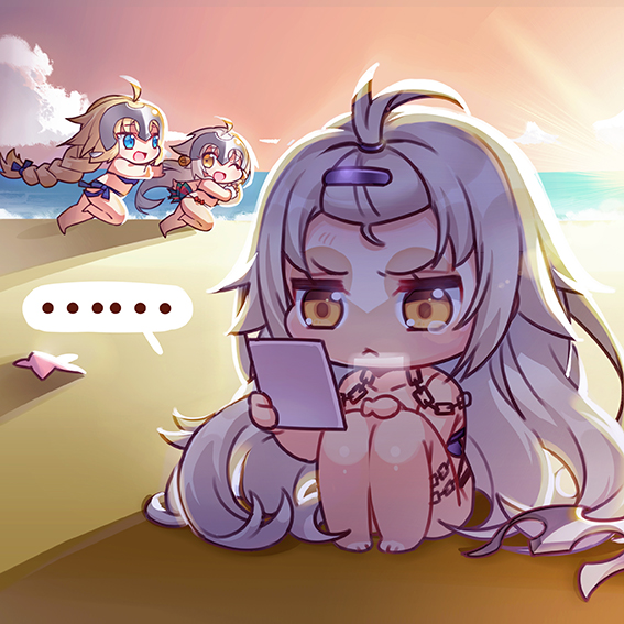 ... 3girls :d ;d ahoge bangs bare_arms bare_legs bare_shoulders barefoot beach bell bikini black_bikini_top blonde_hair blue_bikini blue_eyes braid brown_eyes chains chasing chibi clouds collarbone eyebrows_visible_through_hair fate/apocrypha fate/grand_order fate_(series) hair_between_eyes hand_mirror hand_on_own_knee headpiece holding holding_mirror horizon jeanne_d'arc_(alter)_(fate) jeanne_d'arc_(fate) jeanne_d'arc_(fate)_(all) jeanne_d'arc_alter_santa_lily long_hair looking_at_another looking_at_mirror looking_back low_ponytail mirror mismatched_bikini multiple_girls nemovo ocean one_eye_closed open_mouth outdoors outstretched_arms running sand silver_hair single_braid sitting sky smile spoken_ellipsis starfish sunset swimsuit tan tanline very_long_hair water white_bikini_bottom