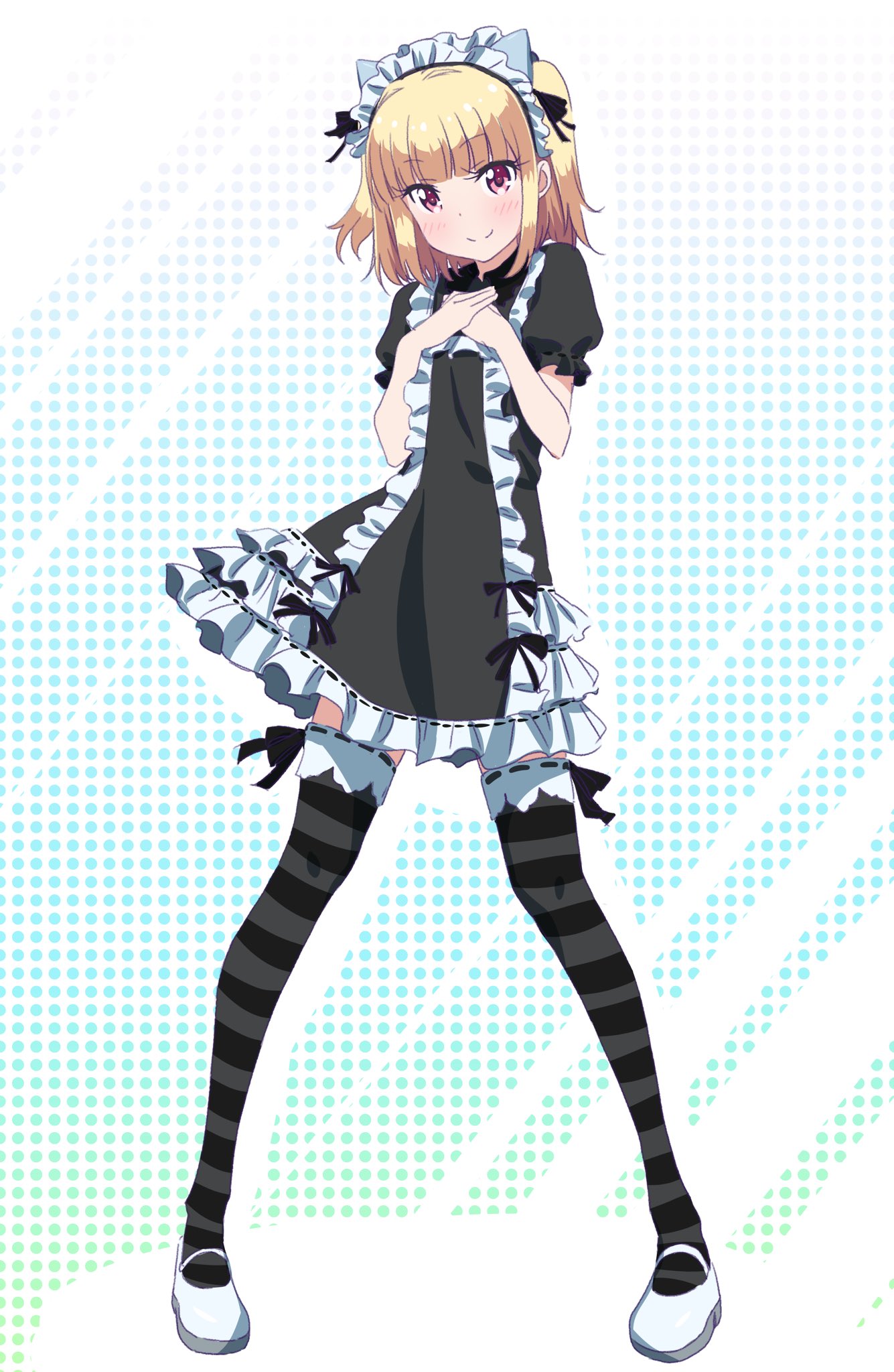 1girl animal_ears black_dress black_legwear black_ribbon blonde_hair blush cat_ears contrapposto dress eyebrows_visible_through_hair fake_animal_ears frilled_dress frills full_body garters hair_ribbon hands_together highres iijima_yun long_hair looking_at_viewer maid_headdress mary_janes new_game! pink_x red_eyes ribbon ribbon-trimmed_dress ribbon-trimmed_legwear ribbon_trim shoes short_dress short_sleeves smile solo standing striped striped_legwear thigh-highs twintails white_footwear