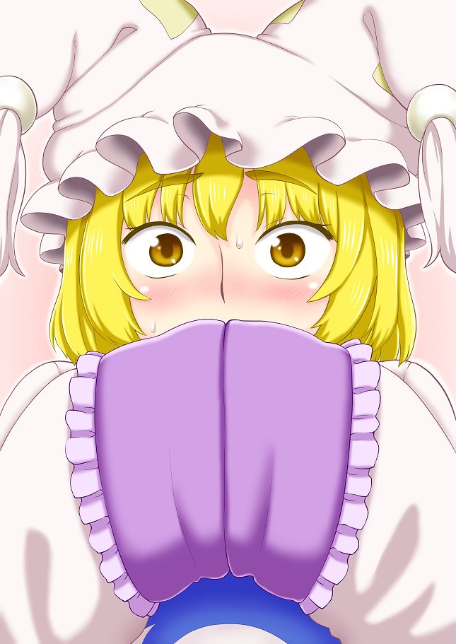 1girl blonde_hair blush commentary_request covering_face embarrassed eyebrows_visible_through_hair hands_in_sleeves hands_up hat long_sleeves looking_at_viewer nose_blush pillow_hat pink_background poronegi short_hair solo sweatdrop tabard touhou upper_body wide-eyed yakumo_ran yellow_eyes