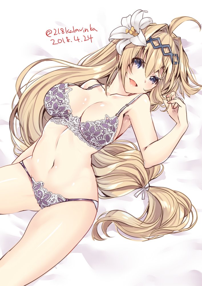 1girl 218 ahoge bare_shoulders blonde_hair blush breasts collarbone dated detached_sleeves flower granblue_fantasy groin hair_flower hair_intakes hair_ornament hairband jeanne_d'arc_(granblue_fantasy) large_breasts lingerie long_hair lying navel open_mouth solo twitter_username underwear