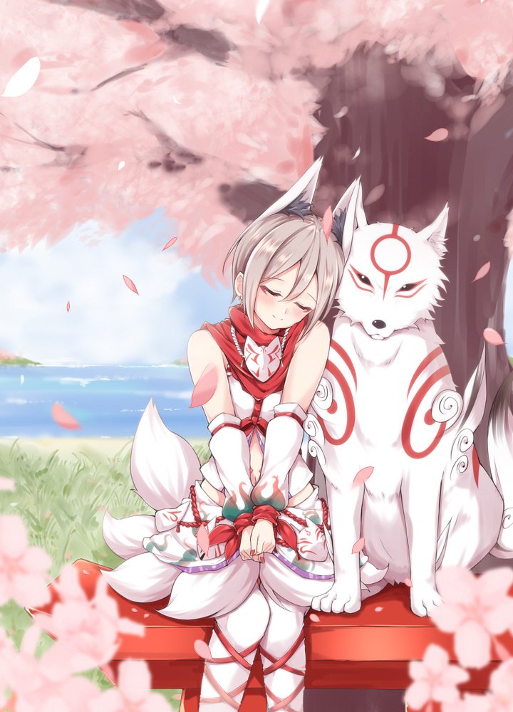 1girl amaterasu animal animal_ears bangs bare_shoulders blush bodypaint cherry_blossoms closed_eyes commentary crossover detached_sleeves earrings feet_out_of_frame fox_ears fox_mask fox_tail grass grey_hair idolmaster idolmaster_cinderella_girls jewelry jiino mask ookami_(game) parted_bangs petals shiomi_shuuko short_hair sitting smile tail tree water white_legwear wolf