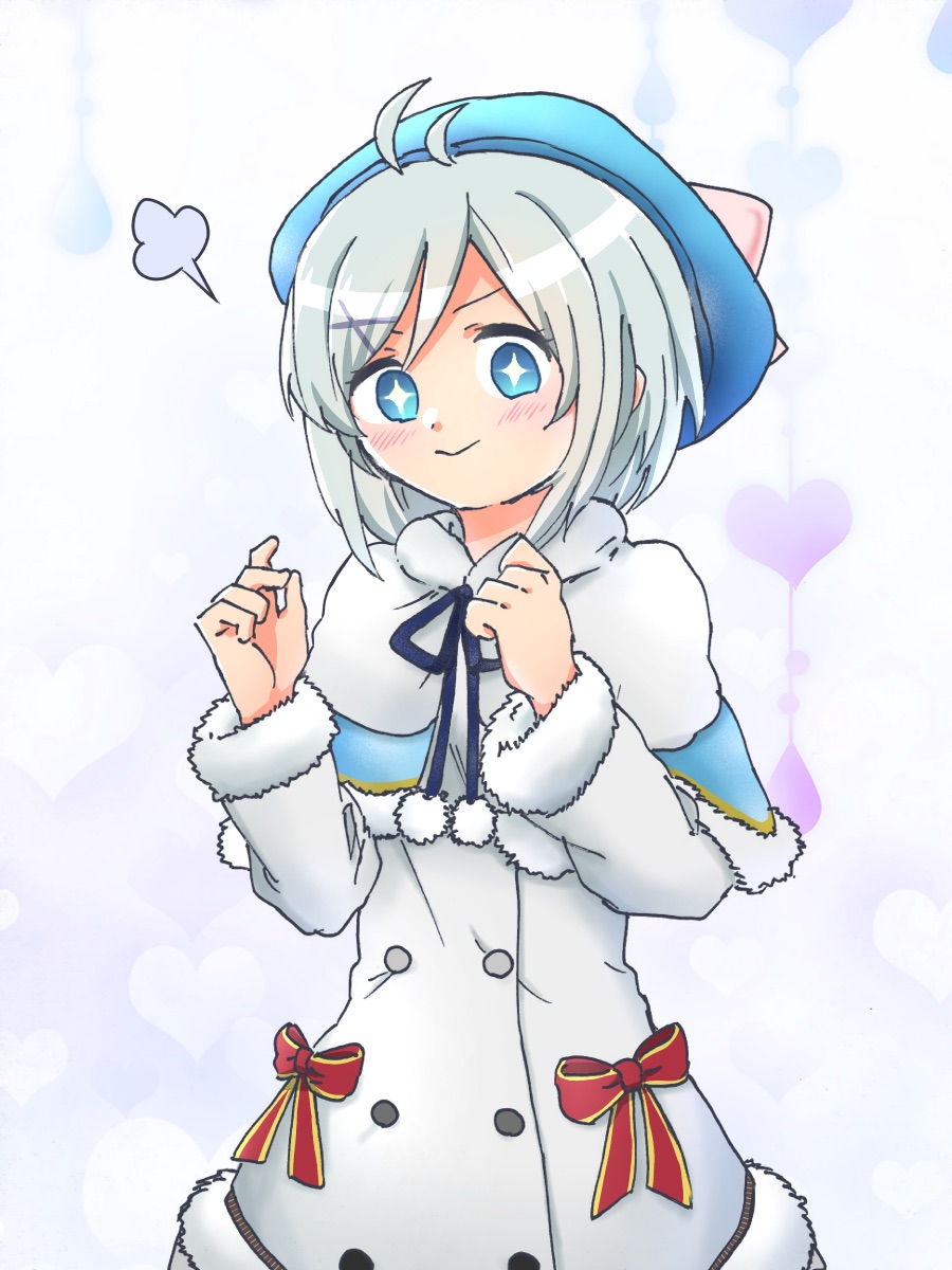 +_+ 1girl =3 bangs beret blue_capelet blue_eyes blue_hat blue_ribbon blush bow buttons capelet closed_mouth dennou_shoujo_youtuber_shiro dress eyelashes fur_trim hair_between_eyes hair_ornament hands_up hat heart highres long_sleeves outsuchi red_bow ribbon shiro_(dennou_shoujo_youtuber_shiro) short_hair silver_hair smile solo v-shaped_eyebrows virtual_youtuber white_dress x_hair_ornament