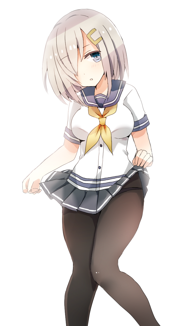 1girl black_legwear blue_eyes blue_sailor_collar breasts feet_out_of_frame full_body grey_skirt hair_ornament hair_over_one_eye hairclip hamakaze_(kantai_collection) head_tilt highres kantai_collection large_breasts lifted_by_self looking_at_viewer mazeru_(jisjifin) neckerchief pleated_skirt sailor_collar school_uniform serafuku short_hair short_sleeves silver_hair simple_background skirt skirt_lift solo standing white_background yellow_neckwear