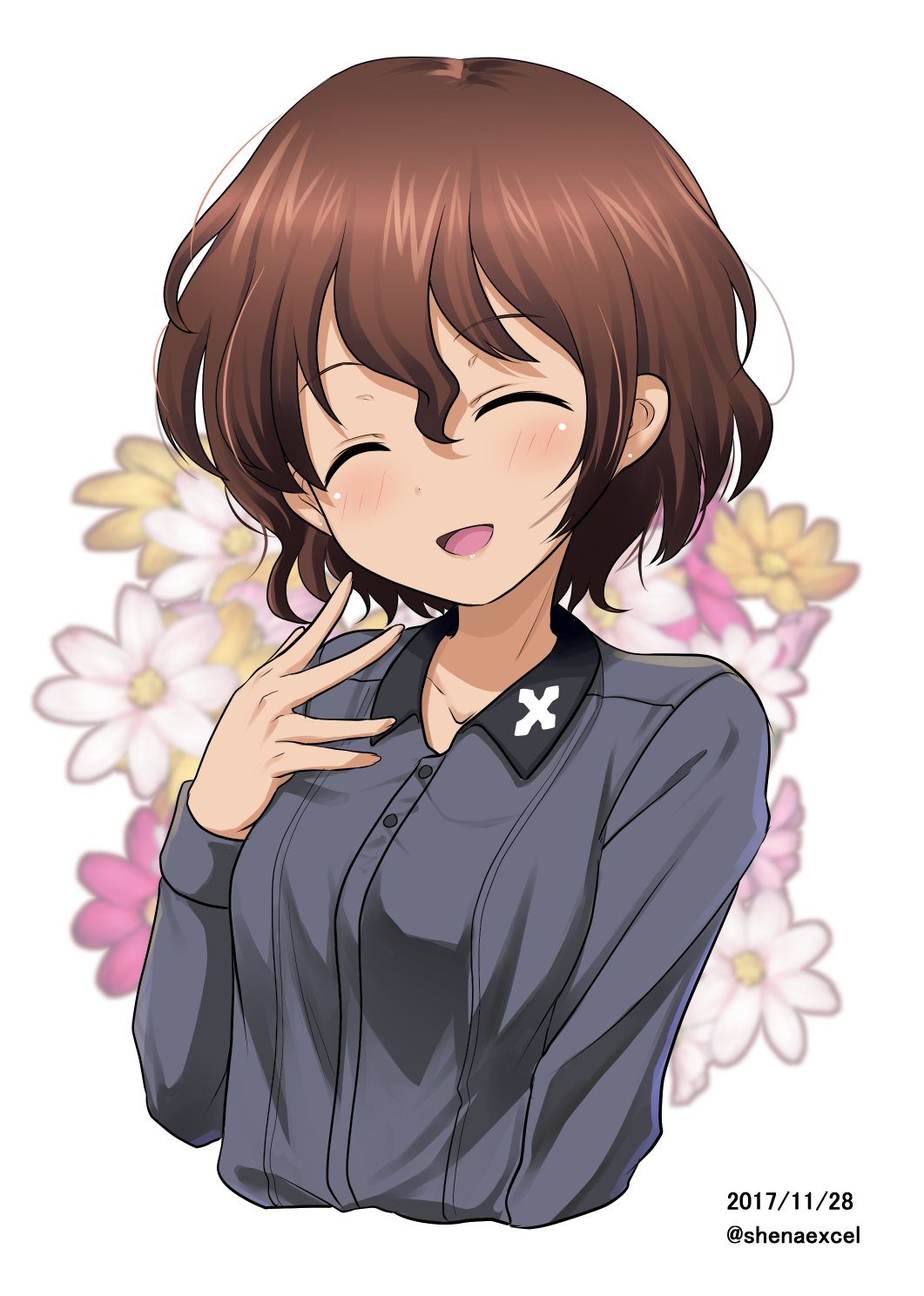 1girl akaboshi_koume bangs brown_hair closed_eyes commentary cropped_torso dated dress_shirt excel_(shena) eyebrows_visible_through_hair facing_viewer floral_background girls_und_panzer grey_shirt highres kuromorimine_school_uniform long_sleeves open_mouth school_uniform shirt short_hair smile solo standing twitter_username upper_body wavy_hair