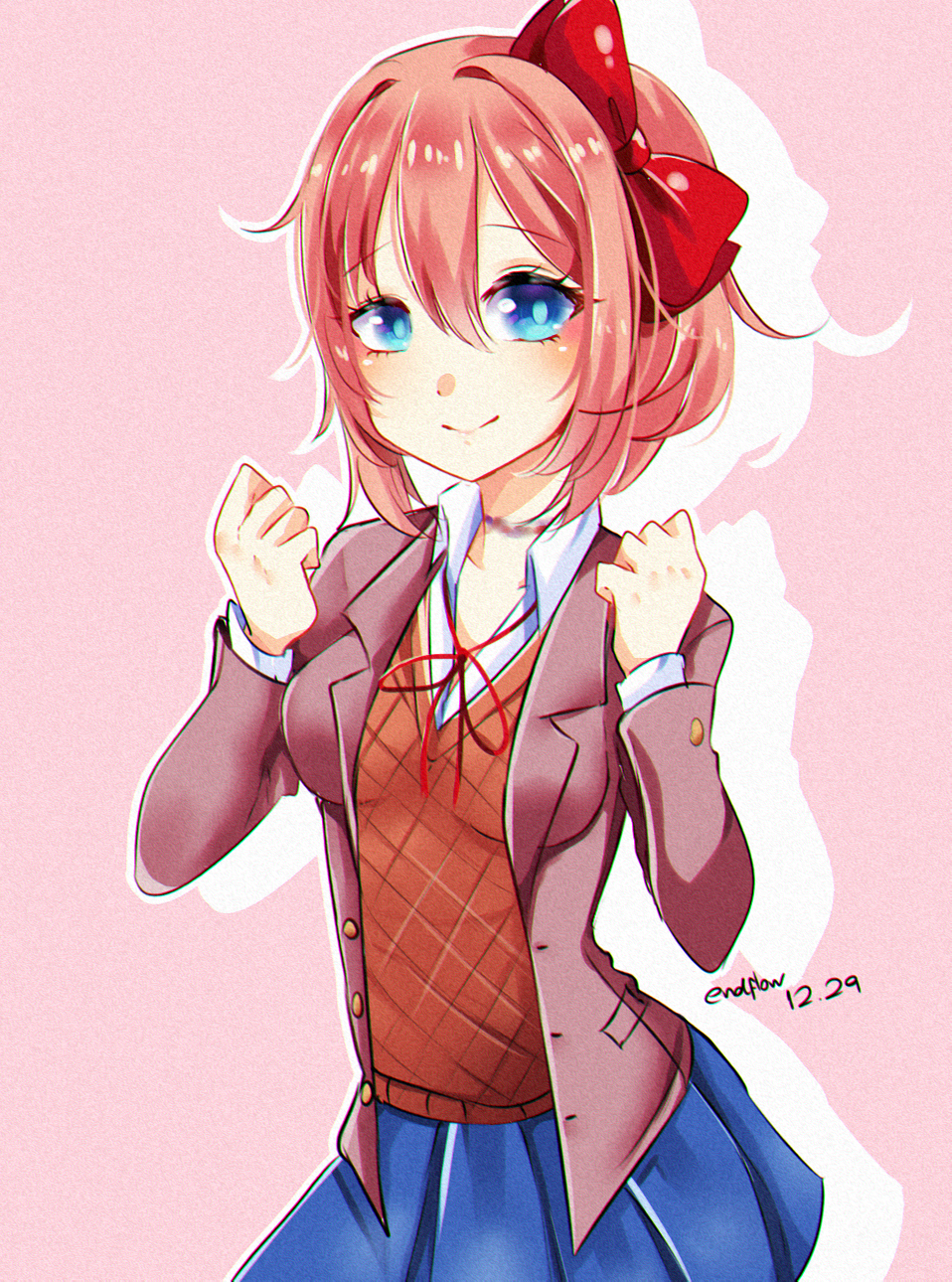 1girl artist_name blue_eyes blue_skirt bow breasts bruise clenched_hands closed_mouth commentary cowboy_shot dated doki_doki_literature_club flow_ech hair_between_eyes hair_bow hair_ornament highres injury looking_at_viewer medium_breasts outline pink_hair pleated_skirt red_bow rope_marks sayori_(doki_doki_literature_club) school_uniform short_hair simple_background skirt smile solo white_outline