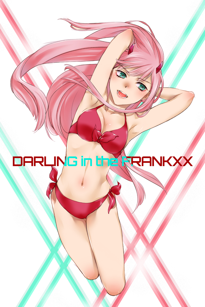 1girl aqua_eyes armpits bikini breasts commentary_request darling_in_the_franxx eyebrows_visible_through_hair front-tie_bikini front-tie_top highres horns jumping long_hair marine_(1894271) navel open_mouth pink_hair red_bikini side-tie_bikini solo swimsuit zero_two_(darling_in_the_franxx)