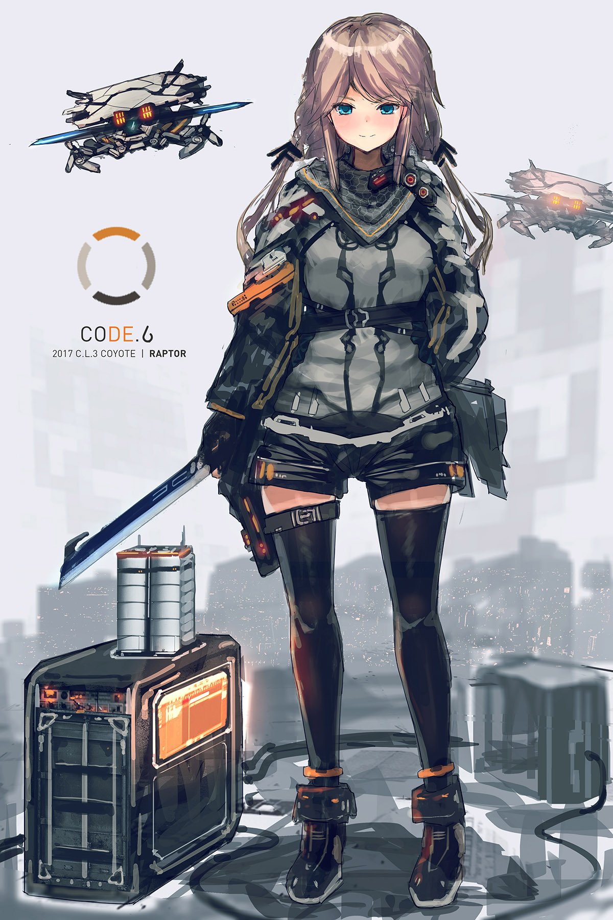 1girl black_gloves black_legwear blue_eyes blush cable closed_mouth commentary_request gloves grey_background grey_shirt highres holding holding_sword holding_weapon inabi jacket leg_belt light_brown_hair long_hair long_sleeves looking_at_viewer low_twintails original robot shirt smile solo standing sword thigh-highs twintails weapon