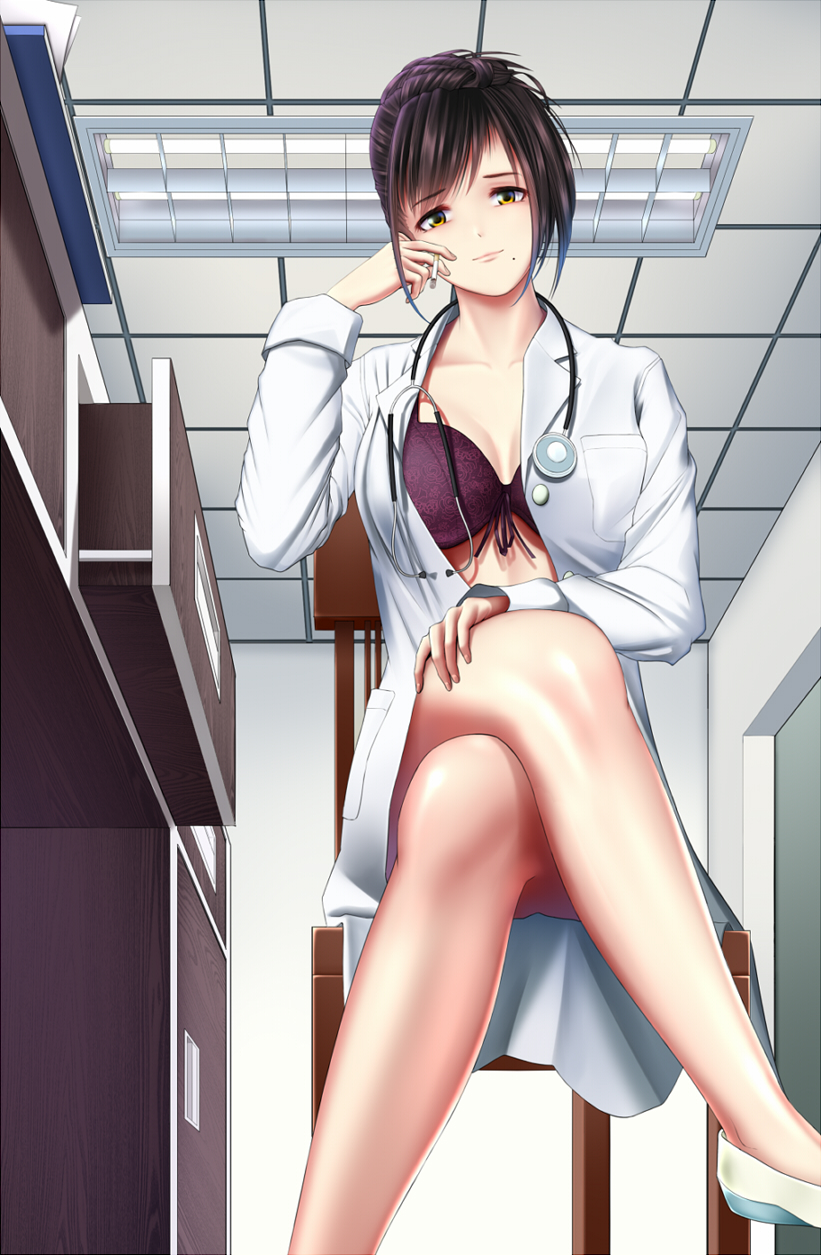 1girl baiyin black_hair bra breasts brown_eyes chair cigarette cleavage doctor door drawer feet_out_of_frame from_below hair_up hand_on_own_leg hand_up highres indoors legs_crossed medium_breasts mole mole_under_mouth original pocket purple_bra sitting solo stethoscope underwear