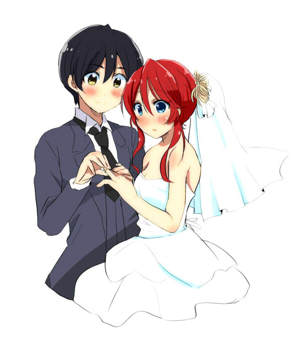 1boy 1girl alternate_hairstyle bare_shoulders black_hair blue_eyes blush bridal_veil brown_eyes couple dress formal fuurin_kingyou gemini_sunrise hair_up necktie redhead sakura_taisen sidelocks strapless strapless_dress suit taiga_shinjirou veil wedding wedding_dress white_background white_dress