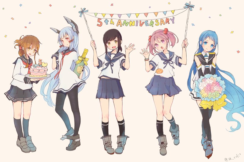 5girls :o anniversary black_legwear blue_eyes blue_hair bouquet brown_eyes brown_hair cake champagne_bottle colis commentary_request confetti flower folded_ponytail food fubuki_(kantai_collection) full_body hair_bobbles hair_ornament head_tilt inazuma_(kantai_collection) kantai_collection long_hair multiple_girls murakumo_(kantai_collection) neck_ribbon necktie pantyhose pink_eyes pink_hair pleated_skirt ribbon sailor_collar samidare_(kantai_collection) sazanami_(kantai_collection) school_uniform serafuku simple_background skirt standing thigh-highs twintails twitter_username white_background zettai_ryouiki