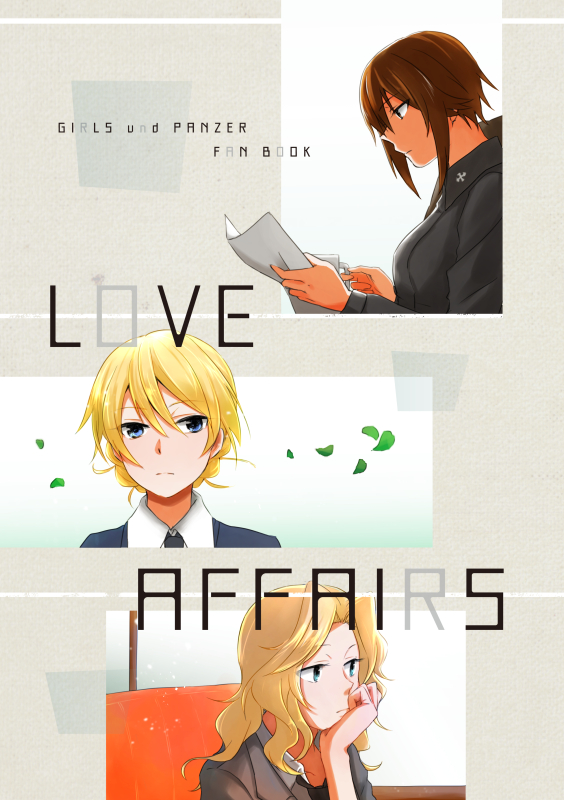 3girls bangs black_neckwear blonde_hair blue_eyes blue_sweater brown_eyes brown_hair chin_rest copyright_name cover cover_page darjeeling doujin_cover dress_shirt english fanbook from_side front_cover girls_und_panzer grey_jacket grey_shirt hair_intakes holding jacket kay_(girls_und_panzer) kuromorimine_school_uniform leaf long_hair long_sleeves looking_at_viewer multiple_girls necktie nishizumi_maho paper saunders_school_uniform school_uniform shirt short_hair st._gloriana's_school_uniform sweater white_shirt wind yuuhi_(arcadia)