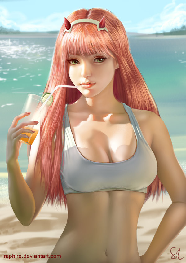 1girl beach bikini bikini_top blue_sky breasts cleavage cup darling_in_the_franxx drinking_straw horns lake looking_at_viewer pink_hair raphire realistic sky solo swimsuit upper_body zero_two_(darling_in_the_franxx)