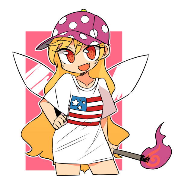 1girl alternate_costume american_flag blonde_hair clownpiece contrapposto cropped_legs fairy_wings fang fire hand_on_hip hat holding ini_(inunabe00) long_hair looking_at_viewer multicolored_hair open_mouth pink_background polka_dot purple_hat red_eyes shirt short_sleeves smile solo t-shirt torch touhou transparent_wings two-tone_hair white_background white_shirt wings