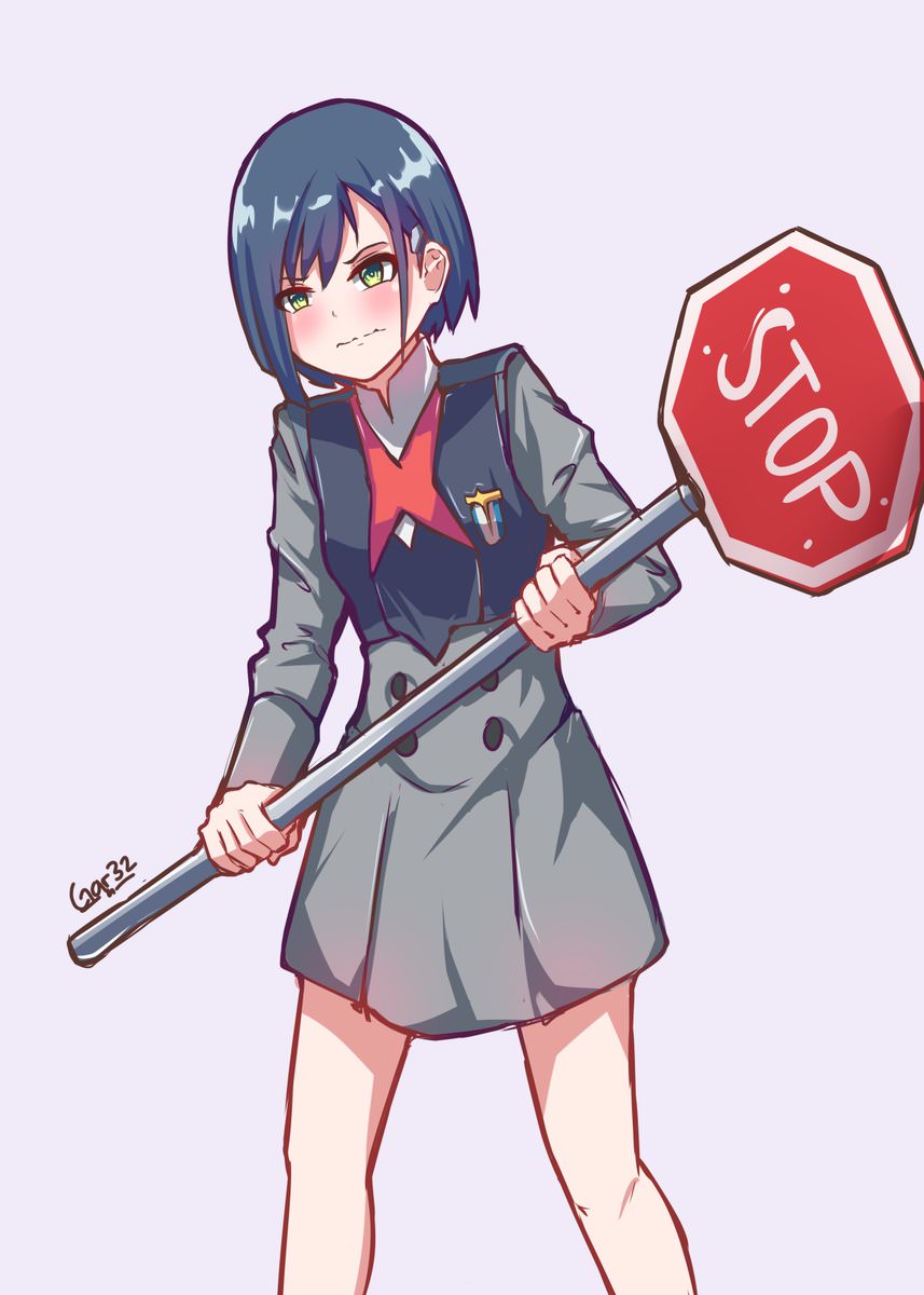 1girl artist_name artist_request blue_hair darling_in_the_franxx feet_out_of_frame full_body green_eyes grey_background highres ichigo_(darling_in_the_franxx) school_uniform shiny shiny_hair short_hair sign simple_background solo standing stop_sign uniform