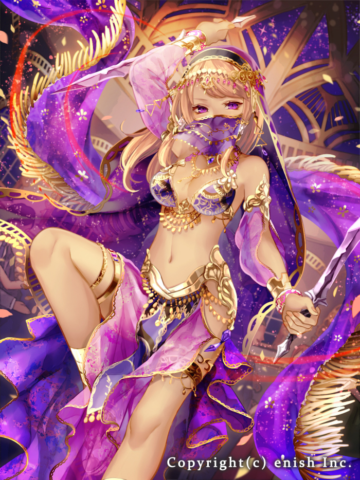 1girl armlet belly_chain blonde_hair bracelet breasts company_name dragon_tactics dual_wielding head_chain holding holding_weapon jewelry long_hair looking_at_viewer medium_breasts mole mole_under_eye natsuiro_xx navel official_art original see-through small_breasts solo violet_eyes weapon