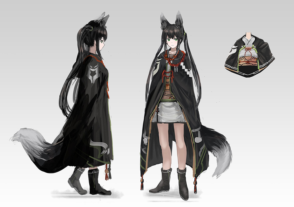 1girl animal_ears ankle_boots bangs black_cape black_hair blue_eyes blush boots cape closed_mouth expressionless fox_ears fox_girl fox_tail gradient gradient_background inabi japanese_clothes looking_at_viewer multiple_views obi original profile sash standing tail twintails