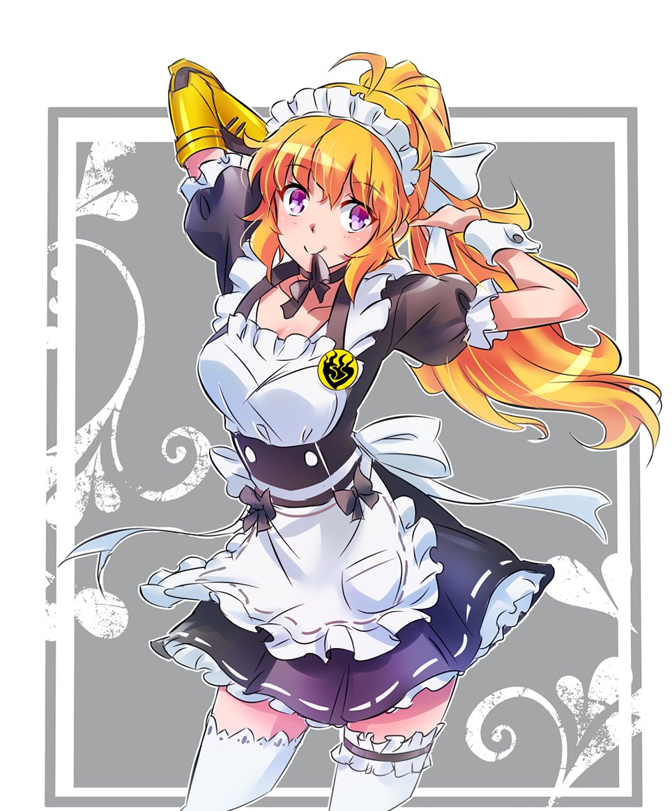 1girl apron badge blonde_hair commentary_request garters iesupa maid maid_apron maid_headdress mouth_hold prosthesis prosthetic_arm ribbon_in_mouth rwby sleeve_cuffs solo thigh-highs violet_eyes yang_xiao_long