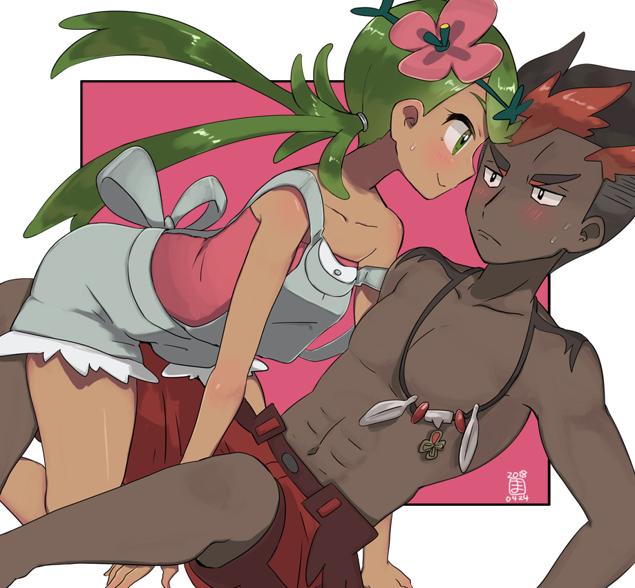 1boy 1girl abs all_fours arm_support artist_logo assertive bangs bare_arms bare_legs black_hair blush chest closed_mouth collarbone dark_skin dark_skinned_male eye_contact face-to-face flower girl_on_top green_eyes green_hair hair_flower hair_ornament imminent_kiss kaki_(pokemon) leaning_back long_hair looking_at_another low_twintails mallow_(pokemon) masso_n multicolored_eyebrows multicolored_hair navel off_shoulder overalls pink_shirt pokemon pokemon_(game) pokemon_sm red_shorts redhead shiny shiny_hair shirt shirtless short_hair shorts sitting smile spiky_hair stomach sweat sweatdrop swept_bangs toned trial_captain twintails two-tone_hair very_long_hair