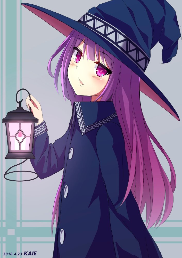 1girl bangs blue_dress blue_hat blush candle collared_dress commentary_request dress eyebrows_visible_through_hair hat head_tilt holding holding_lantern kaie lantern long_hair long_sleeves looking_at_viewer looking_to_the_side original parted_lips purple_hair solo very_long_hair violet_eyes witch witch_hat