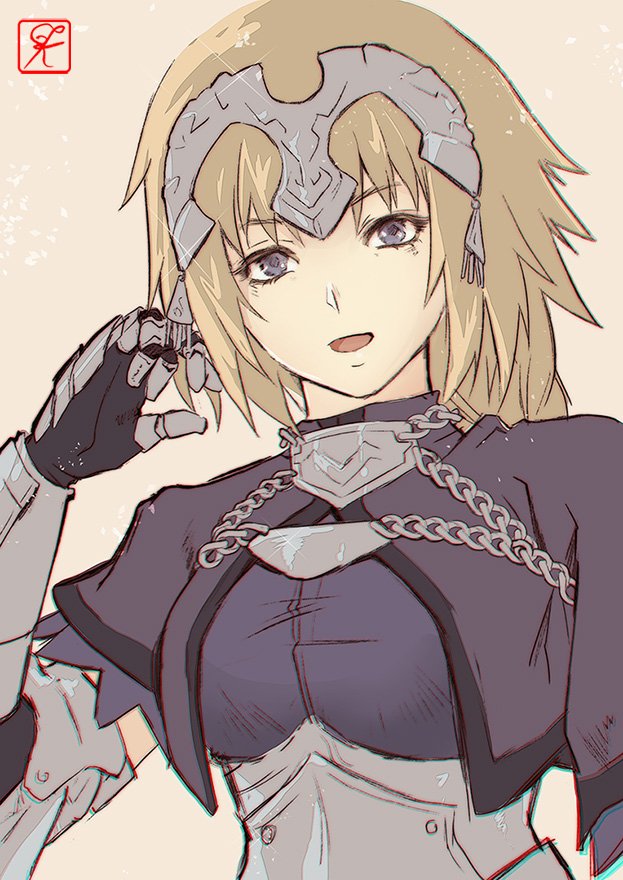 1girl :d armor armored_dress blonde_hair blue_eyes capelet chains fate/apocrypha fate/grand_order fate_(series) faulds fur_trim gauntlets headpiece jeanne_d'arc_(fate) jeanne_d'arc_(fate)_(all) open_mouth plackart smile upper_body washuu