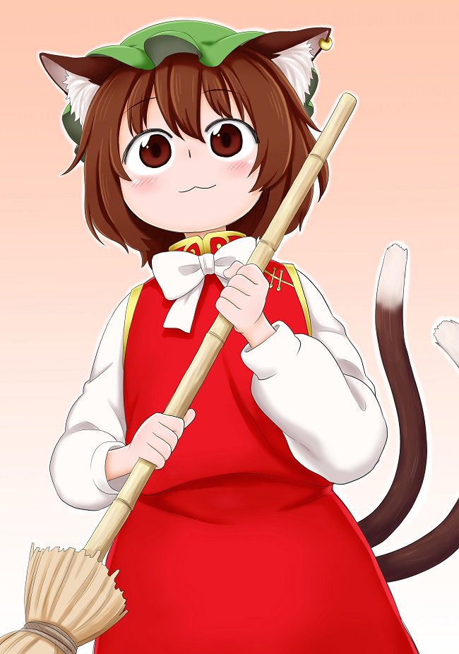 1girl :3 animal_ears bangs blush bow bowtie broom brown_eyes brown_hair cat_ears cat_tail chen closed_mouth commentary_request dress earrings eyebrows_visible_through_hair green_hat hat holding holding_broom jewelry long_sleeves looking_at_viewer mob_cap multiple_tails nekomata pink_background poronegi red_dress shirt short_hair smile solo standing tail touhou two_tails white_neckwear white_shirt