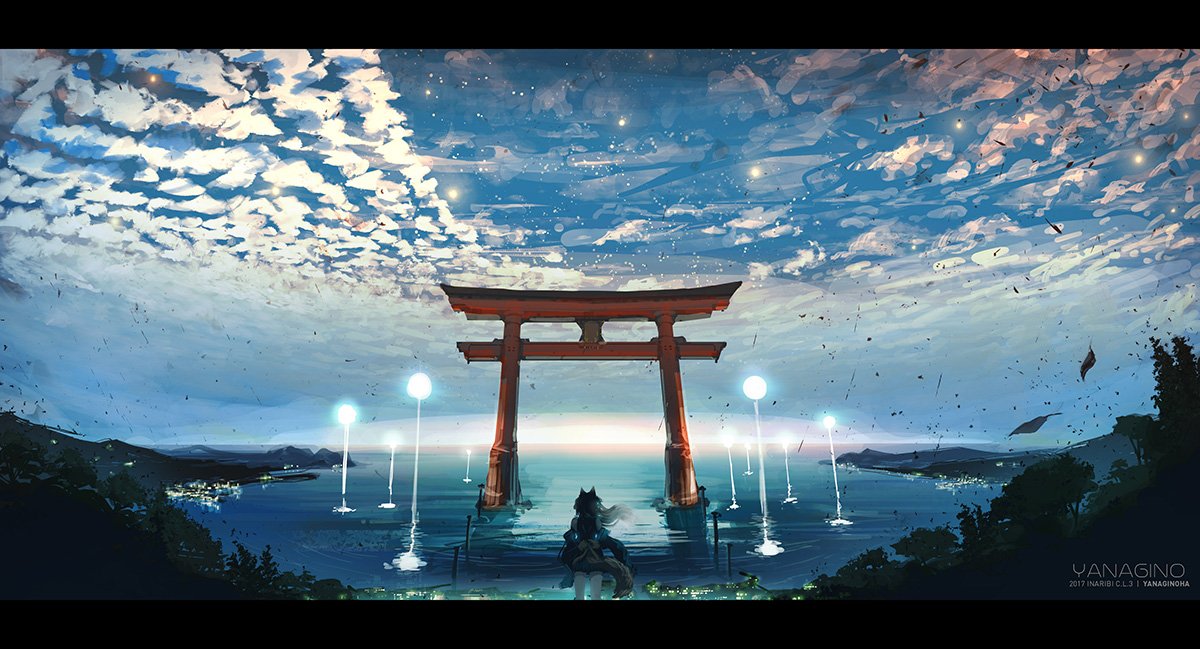 1girl animal_ears blue_sky clouds cloudy_sky commentary_request day facing_viewer floating_hair fox_ears fox_tail from_behind grey_hair inabi ocean original outdoors scenery sky solo standing tail torii water_surface