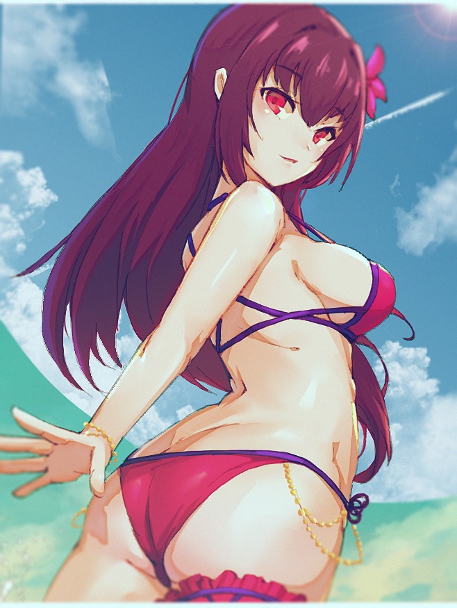 ass beach bikini blue_sky bracelet breasts clouds day eyebrows_visible_through_hair fate/grand_order fate_(series) flower hair_flower hair_ornament hibiscus jewelry large_breasts leg_garter lens_flare long_hair looking_back meow_head ocean pink_bikini purple_bikini purple_hair red_eyes scathach_(fate/grand_order) scathach_(swimsuit_assassin)_(fate) sky smile swimsuit