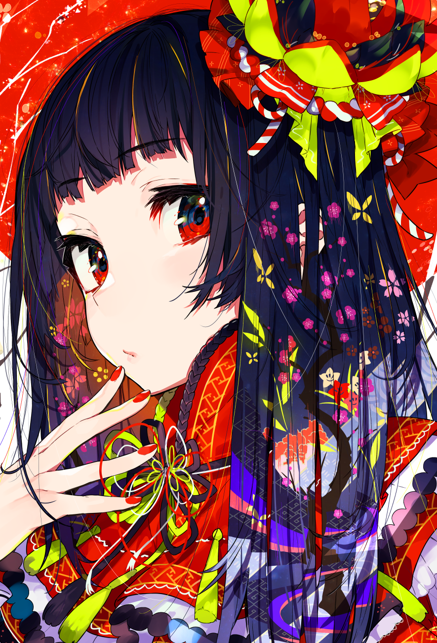 1girl bangs black_hair blunt_bangs blush close-up closed_mouth commentary_request dress eyebrows eyebrows_visible_through_hair eyelashes face fingernails flower food fruit gradient gradient_hair hair_between_eyes hair_flower hair_ornament hand_to_own_mouth hand_up hat highres hime_cut japanese_clothes kimono long_fingernails long_hair long_sleeves looking_at_viewer mika_pikazo multicolored_hair nail_polish orange original red_eyes red_hat red_nails simple_background solo tassel traditional_clothes white_background