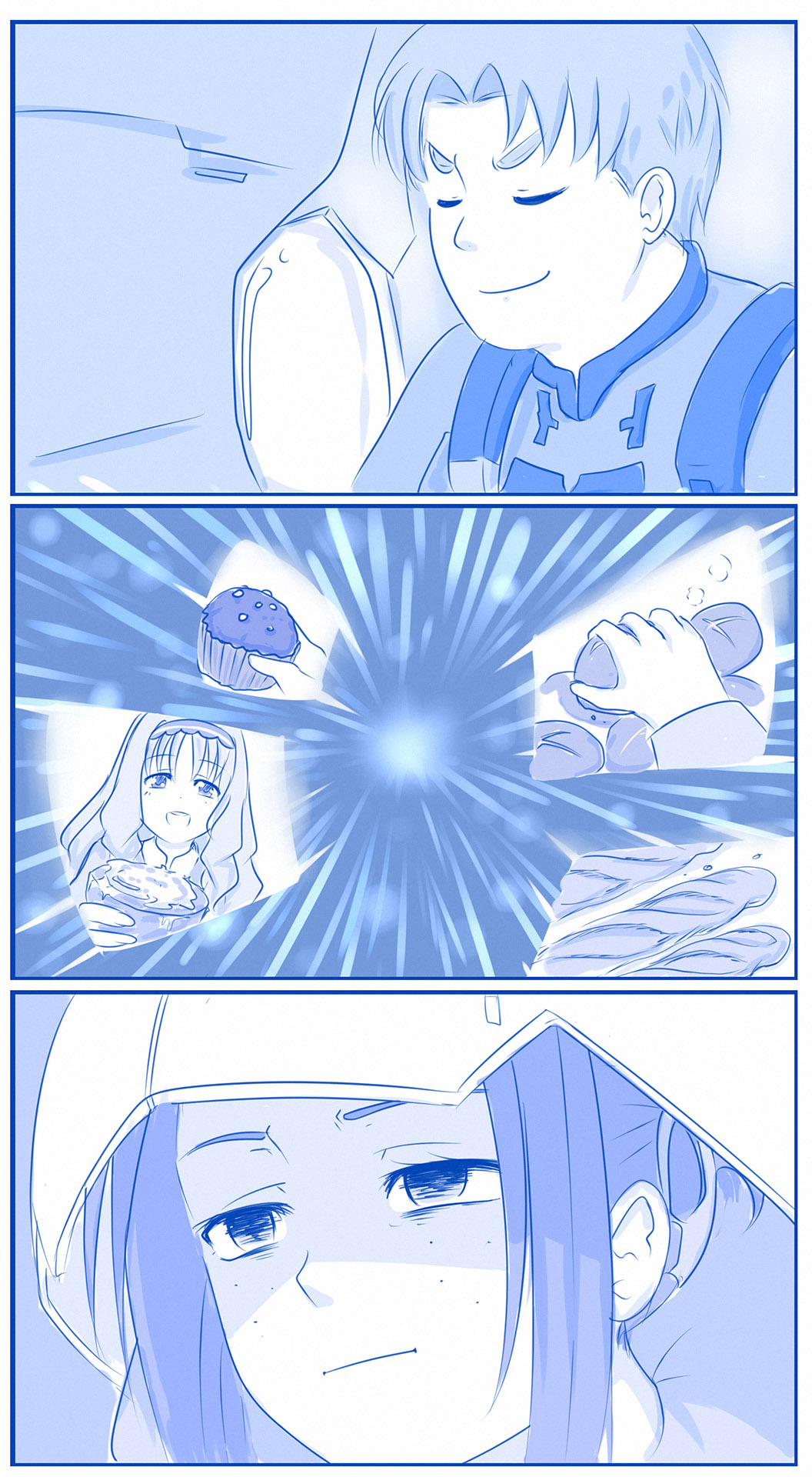 1girl 2girls 3koma :d :i baguette blue bread closed_eyes closed_mouth comic commentary darling_in_the_franxx empty_eyes eyebrows_visible_through_hair food freckles futoshi_(darling_in_the_franxx) hairband helmet highres holding holding_food ikuno_(darling_in_the_franxx) kokoro_(darling_in_the_franxx) looking_at_viewer monochrome multiple_girls open_mouth parody pov sidelocks smile smug viperxtr