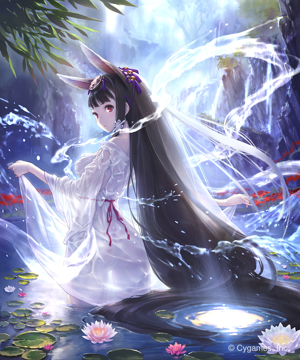 1girl animal_ears backless_outfit bangs bell black_hair blunt_bangs breasts cliff closed_mouth cygames dress flower fox_ears freckles from_behind hair_ribbon highres hisakata_souji hydrokinesis jingle_bell lily_pad long_hair looking_back medium_breasts official_art pink_flower pond purple_ribbon red_eyes ribbon see-through shingeki_no_bahamut shiny shiny_hair skirt_hold solo spider_lily straight_hair tareme very_long_hair wading water waterfall wet wet_clothes wet_dress white_dress