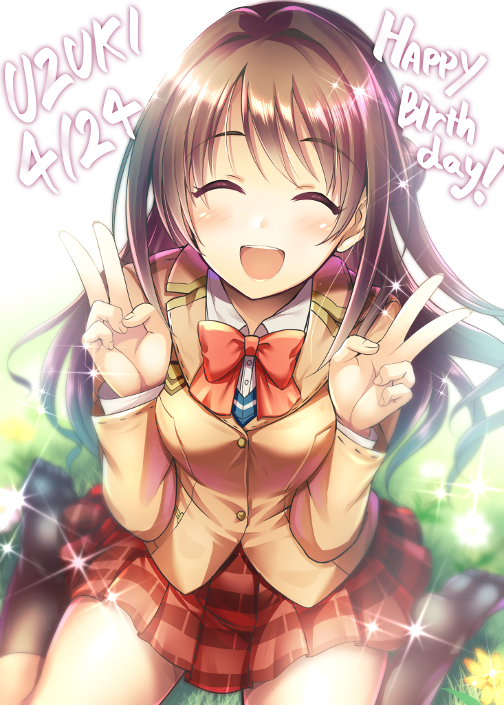 1girl :d blazer blush bow bowtie brown_hair character_name closed_eyes commentary dated double_v eyebrows_visible_through_hair grass half_updo happy_birthday idolmaster idolmaster_cinderella_girls jacket kneehighs long_hair ment no_shoes open_mouth plaid plaid_skirt shimamura_uzuki sitting skirt smile solo sparkle v wariza